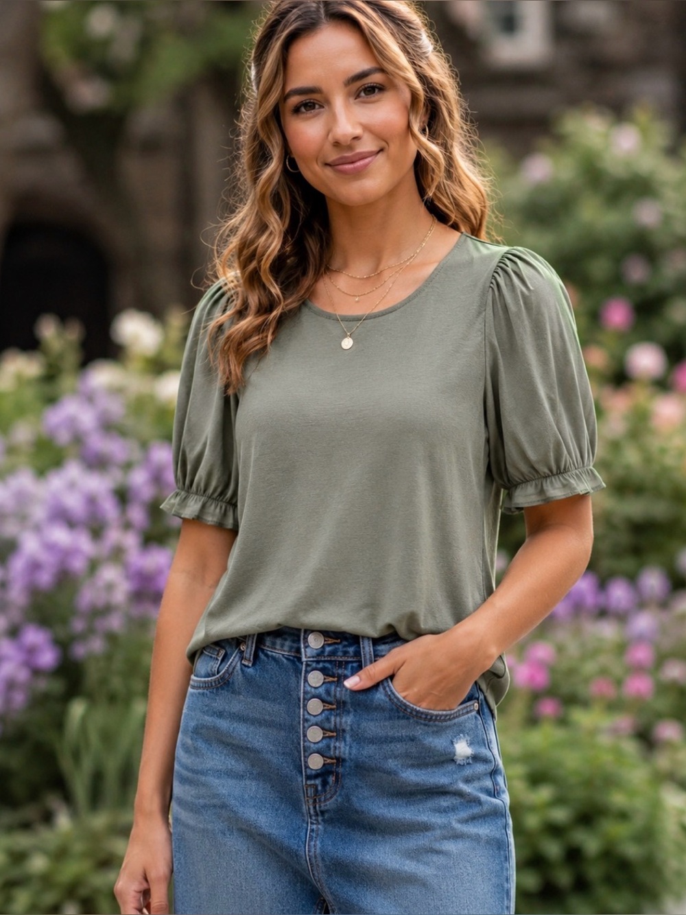 Women’s Downeast Hampton Puff Sleeve Blouse Sage Green Top Size S